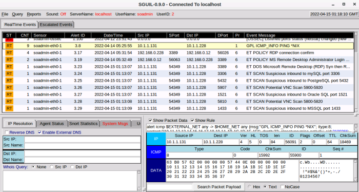 Sguil showing sniffed ICMP RDP and nmap port scan