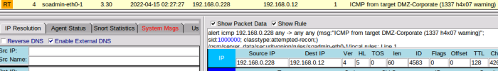 Sguil showing custom ICMP echo request Snort rule