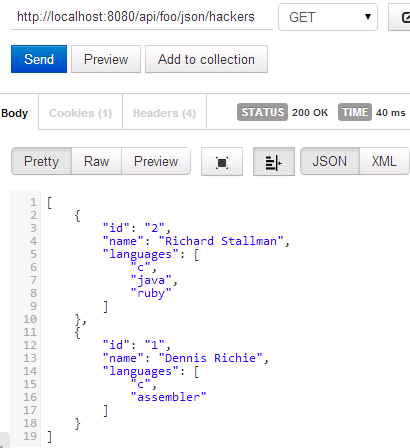 Postman showing JSON response